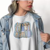 Woman wearing a custom crewneck with a memorial line drawing printed on the front