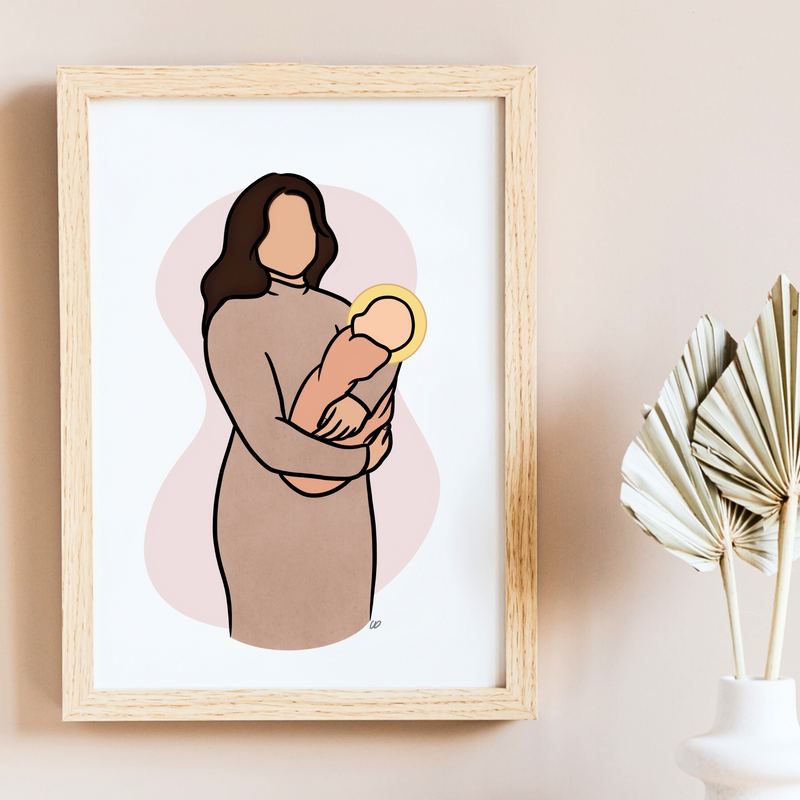 Mom & Angel Baby Portrait - Personalized Line Drawing