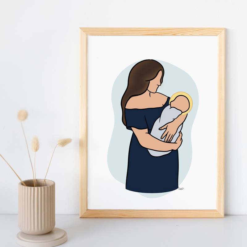 Mom & Angel Baby Portrait - Personalized Line Drawing