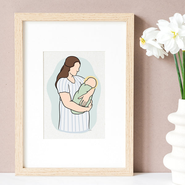 Mom & Angel Baby Portrait - Personalized Line Drawing